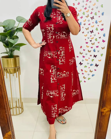 Crimson Red Tribal Print Button-Down Kurta Set