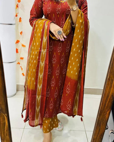 Ikkat Print With Kurti Pant & Dupatta Set For Women