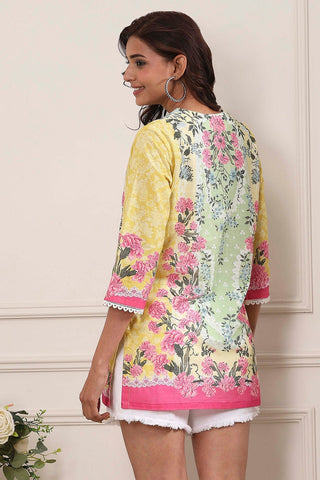 Yellow & Green Floral Printed Short Kurti