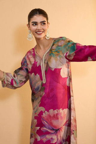 Magenta Floral Printed Kurta Pant Set
