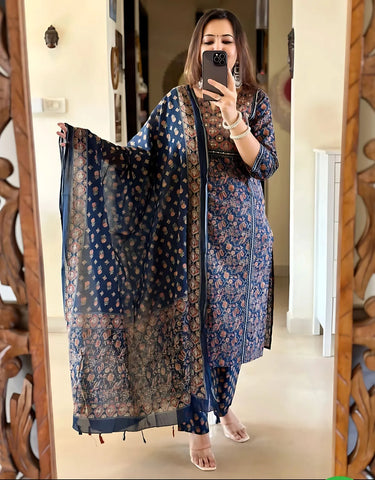 Midnight Indigo Printed Kurta Set with Elegant Dupatta